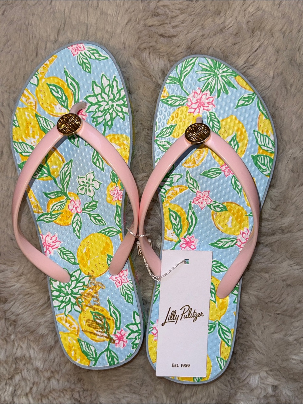 Lilly Pulitzer Blue Lemon Print Flip Flops with Pink Straps